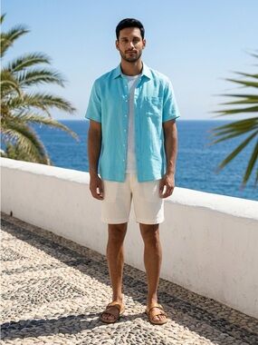 Alan Flusser Men's Casual Linen-Blend Shorts in Cream and light blue linen shirt
